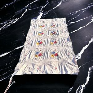 Vtg Beige Handmade Cross Stich Blue Yellow Red Flowers Linen Table Cloth 54x94”